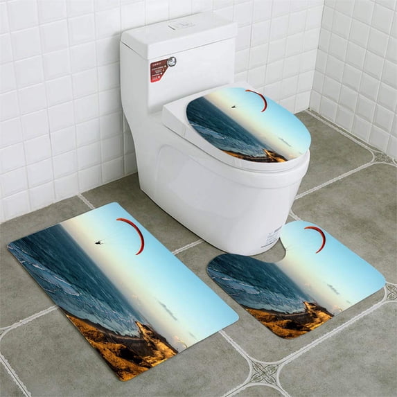 PUDMAD Paraglider Flying Over Ocean Cliffs at Sunset 3 Piece Bathroom Rugs Set Bath Rug Contour Mat and Toilet Lid Cover