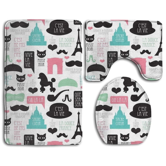PUDMAD Paris Poodle Moustache 3 Piece Bathroom Rugs Set Bath Rug Contour Mat and Toilet Lid Cover