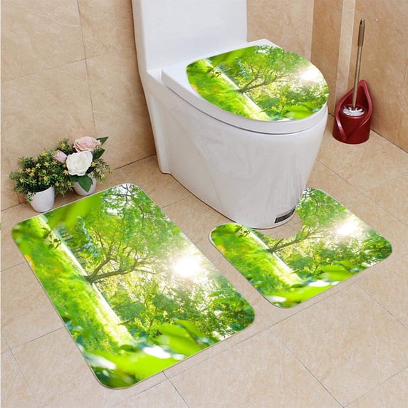PUDMAD Park 3 Piece Bathroom Rugs Set Bath Rug Contour Mat and Toilet Lid Cover