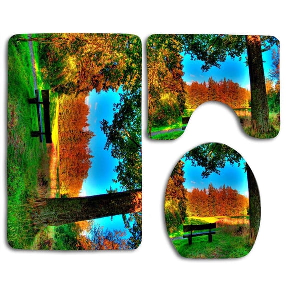 PUDMAD Park Autumn Grass Trunk 3 Piece Bathroom Rugs Set Bath Rug Contour Mat and Toilet Lid Cover