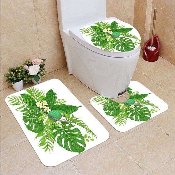 PUDMAD Parrot Tropical Plants 3 Piece Bathroom Rugs Set Bath Rug Contour Mat and Toilet Lid Cover