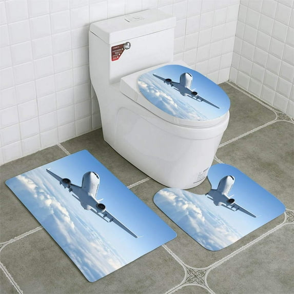 PUDMAD Passenger Jet Airplane Flying Above Clouds 3 Piece Bathroom Rugs Set Bath Rug Contour Mat and Toilet Lid Cover