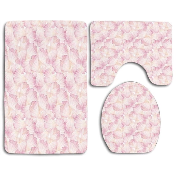 PUDMAD Pastel Soft Pink Flower Petals Watercolor Painting Style Rose Blossom Romantic Gentle 3 Piece Bathroom Rugs Set Bath Rug Contour Mat and Toilet Lid Cover
