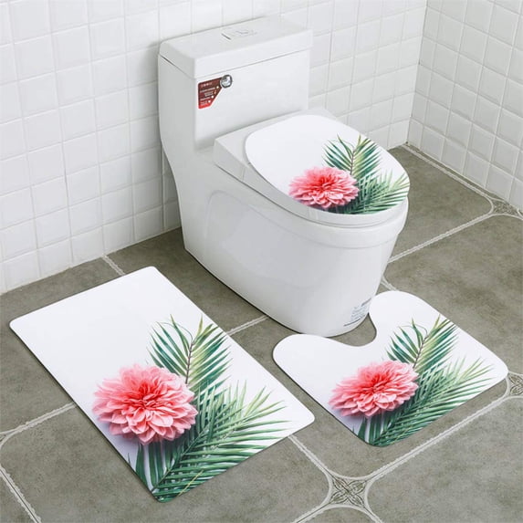PUDMAD Pastel pink flower and tropical palm leaves on white desktop top view 3 Piece Bathroom Rugs Set Bath Rug Contour Mat and Toilet Lid Cover