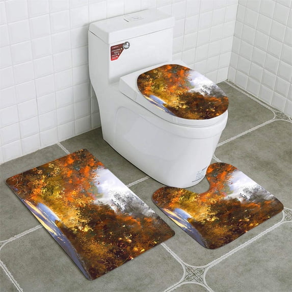 PUDMAD Pathway Through Colorful Forest 3 Piece Bathroom Rugs Set Bath Rug Contour Mat and Toilet Lid Cover