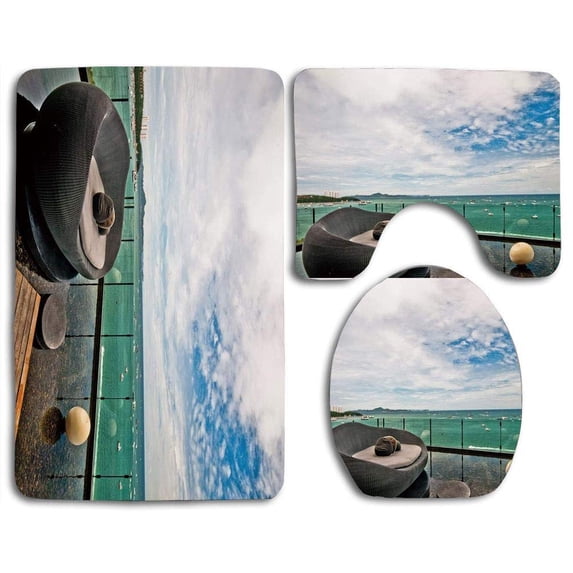 PUDMAD Patio Thailand Pattaya City Ocean Sea Shore View Balcony Veranda Terrace 3 Piece Bathroom Rugs Set Bath Rug Contour Mat and Toilet Lid Cover