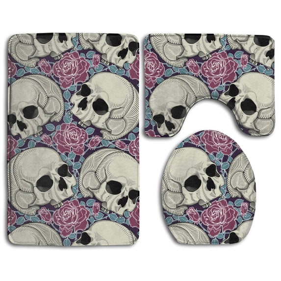 PUDMAD Pattern Skull and Roses 3 Piece Bathroom Rugs Set Bath Rug Contour Mat and Toilet Lid Cover