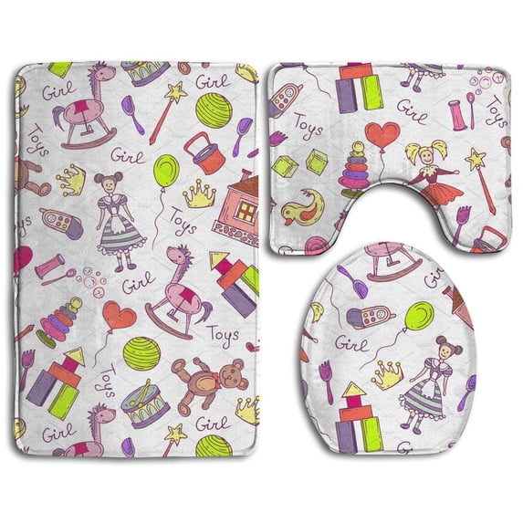 PUDMAD Pattern Toys LittleGirl 3 Piece Bathroom Rugs Set Bath Rug Contour Mat and Toilet Lid Cover