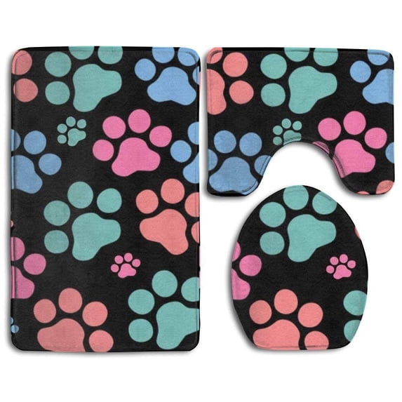 PUDMAD Paw 3 Piece Bathroom Rugs Set Bath Rug Contour Mat and Toilet Lid Cover