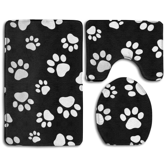 PUDMAD Paw White Black 3 Piece Bathroom Rugs Set Bath Rug Contour Mat and Toilet Lid Cover
