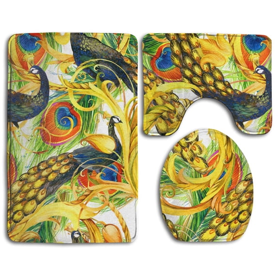 PUDMAD Peacock 3 Piece Bathroom Rugs Set Bath Rug Contour Mat and Toilet Lid Cover