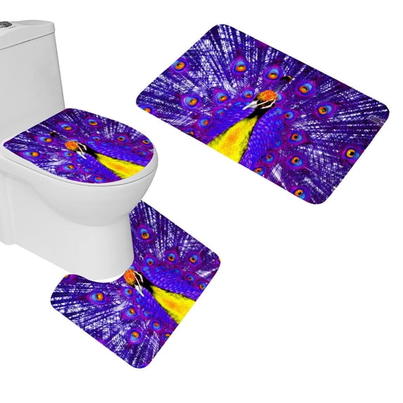 PUDMAD Peacock Blue Wallpaper 3 Piece Bathroom Rugs Set Bath Rug Contour Mat and Toilet Lid Cover