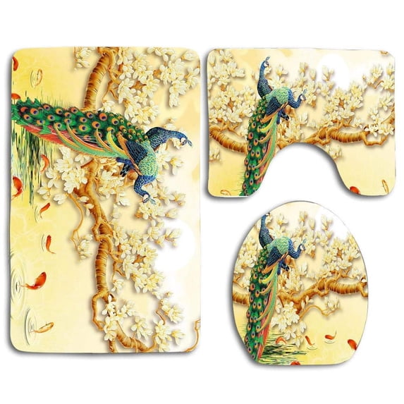 PUDMAD Peacock Sitting Peach Tree 3 Piece Bathroom Rugs Set Bath Rug Contour Mat and Toilet Lid Cover