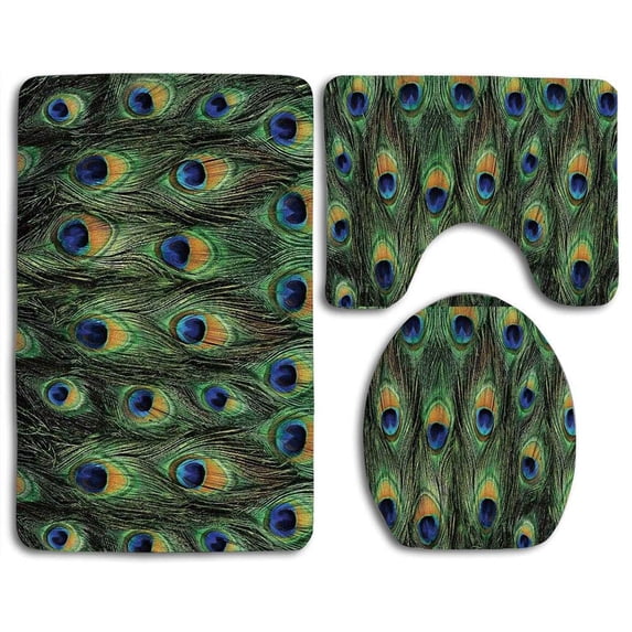 PUDMAD Peacock Stunning Peacock Tail Feathers Tropical Exotic Close Up 3 Piece Bathroom Rugs Set Bath Rug Contour Mat and Toilet Lid Cover