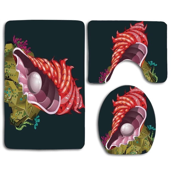 PUDMAD Pearls close Up Graphic a Shell Pearls on an Underwater Stone Rock Inside Sea Inner View 3 Piece Bathroom Rugs Set Bath Rug Contour Mat and Toilet Lid Cover