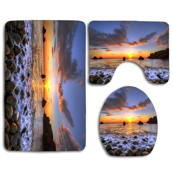PUDMAD Pebble Cove Bloody Foreland Point 3 Piece Bathroom Rugs Set Bath Rug Contour Mat and Toilet Lid Cover