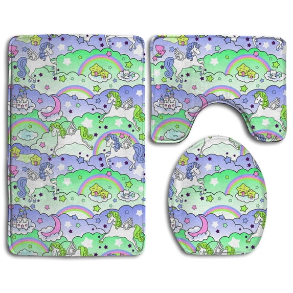 PUDMAD Pegasus Unicorn Rainbows Green 3 Piece Bathroom Rugs Set Bath Rug Contour Mat and Toilet Lid Cover