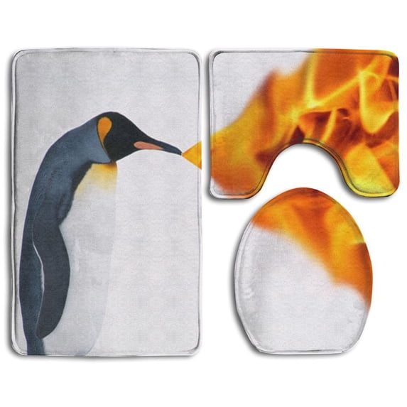 PUDMAD Penguin 3 Piece Bathroom Rugs Set Bath Rug Contour Mat and Toilet Lid Cover