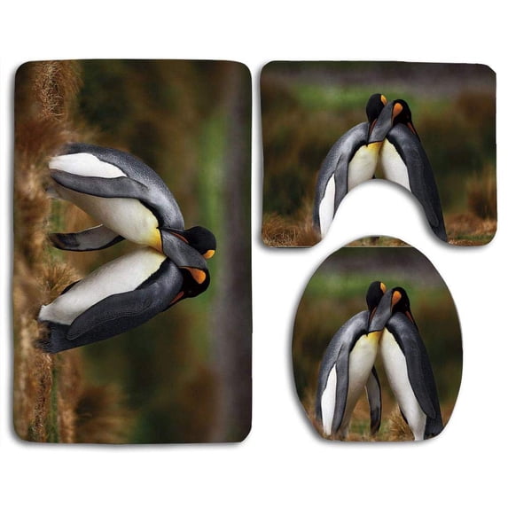 PUDMAD Penguin Couple Cuddling in Wild Nature Love Affection Romance Falkland Islands Fauna 3 Piece Bathroom Rugs Set Bath Rug Contour Mat and Toilet Lid Cover
