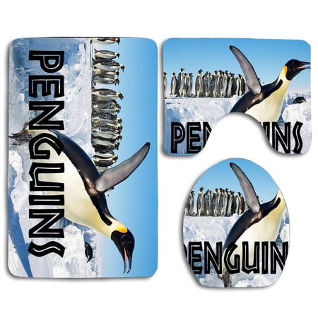 PUDMAD Penguins for Kids Running 3 Piece Bathroom Rugs Set Bath Rug Contour Mat and Toilet Lid Cover