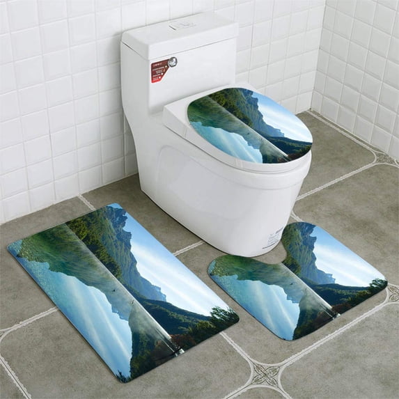 PUDMAD Perfect Reflection Mountains in Clear Lake 3 Piece Bathroom Rugs Set Bath Rug Contour Mat and Toilet Lid Cover