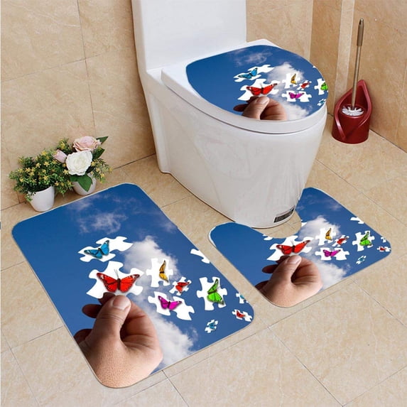 PUDMAD Piece Jigsaw Butterflies 3 Piece Bathroom Rugs Set Bath Rug Contour Mat and Toilet Lid Cover
