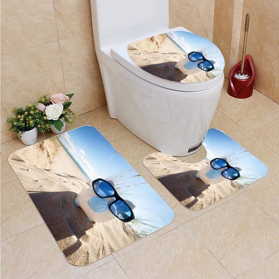 PUDMAD Piggy Bank Beach Vacation 3 Piece Bathroom Rugs Set Bath Rug Contour Mat and Toilet Lid Cover