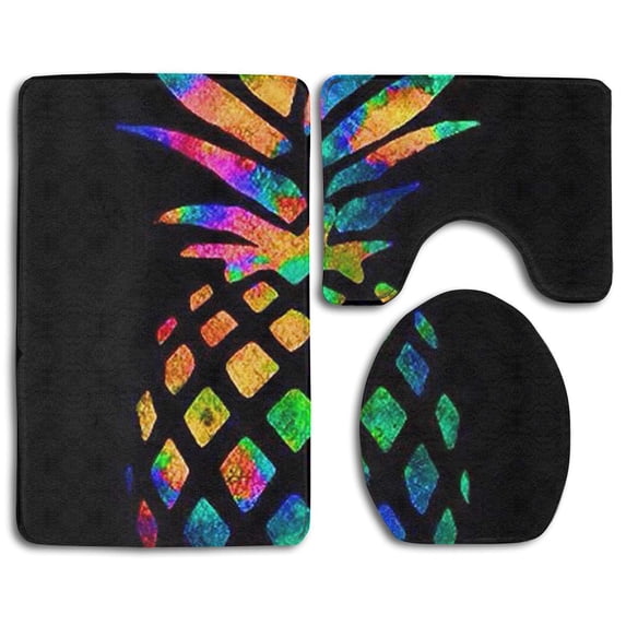 PUDMAD Pineapple Colorful 3 Piece Bathroom Rugs Set Bath Rug Contour Mat and Toilet Lid Cover