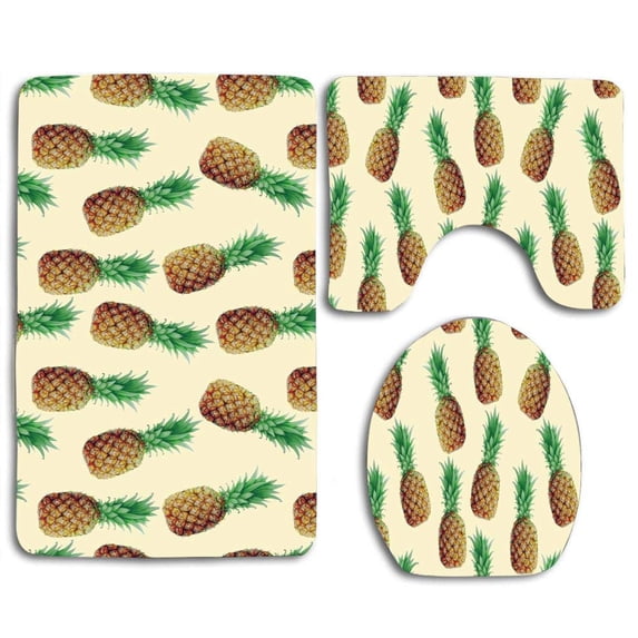 PUDMAD Pineapple Cute 3 Piece Bathroom Rugs Set Bath Rug Contour Mat and Toilet Lid Cover