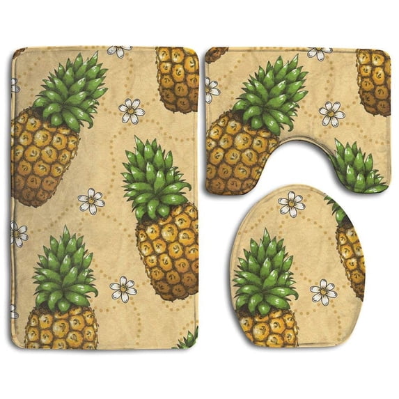 PUDMAD Pineapple Flower 3 Piece Bathroom Rugs Set Bath Rug Contour Mat and Toilet Lid Cover