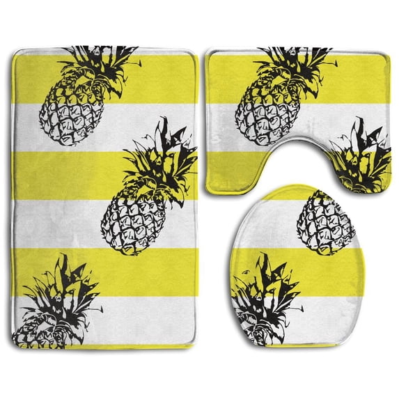 PUDMAD Pineapple On Striped Summer 3 Piece Bathroom Rugs Set Bath Rug Contour Mat and Toilet Lid Cover