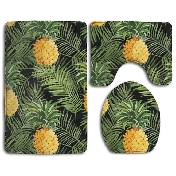 PUDMAD Pineapple Palm Leaf 3 Piece Bathroom Rugs Set Bath Rug Contour Mat and Toilet Lid Cover