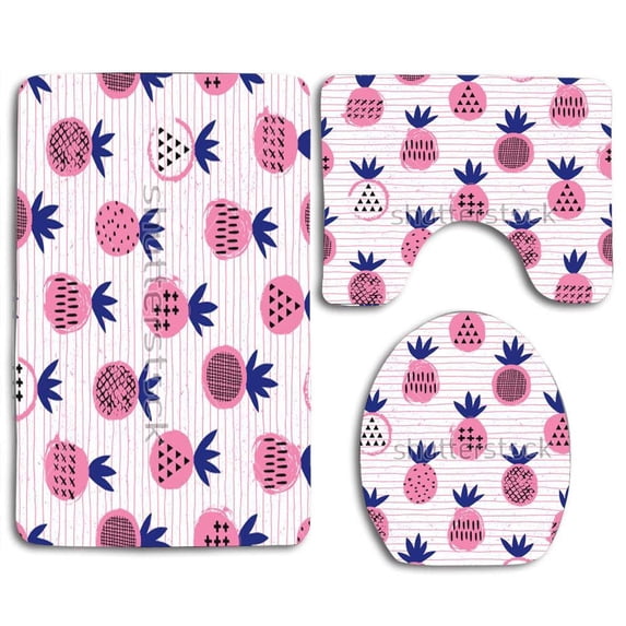 PUDMAD Pineapple Seamless 3 Piece Bathroom Rugs Set Bath Rug Contour Mat and Toilet Lid Cover