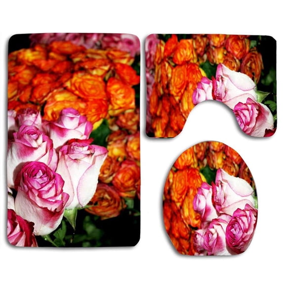 PUDMAD Pink Amp; Orange Roses 3 Piece Bathroom Rugs Set Bath Rug Contour Mat and Toilet Lid Cover