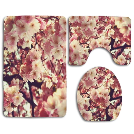 PUDMAD Pink Blossom 3 Piece Bathroom Rugs Set Bath Rug Contour Mat and Toilet Lid Cover