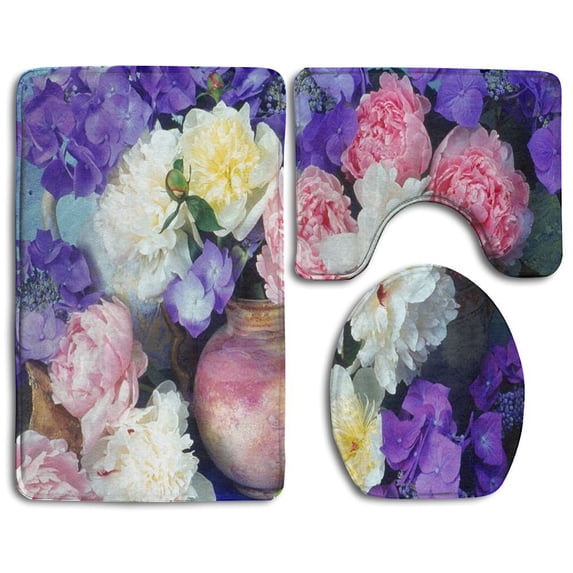PUDMAD Pink Blue Hydrangea 3 Piece Bathroom Rugs Set Bath Rug Contour Mat and Toilet Lid Cover