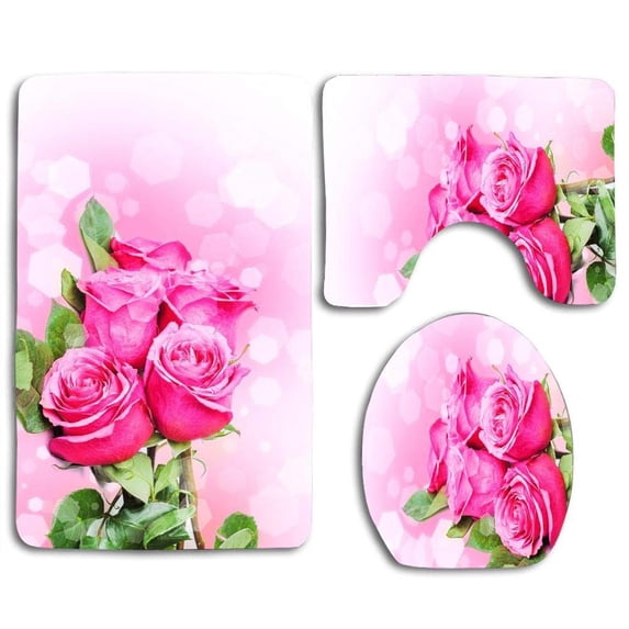 PUDMAD Pink Bouquet 3 Piece Bathroom Rugs Set Bath Rug Contour Mat and Toilet Lid Cover
