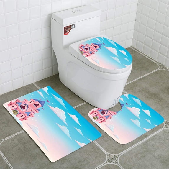 PUDMAD Pink Castle in Clouds Theme 1 3 Piece Bathroom Rugs Set Bath Rug Contour Mat and Toilet Lid Cover