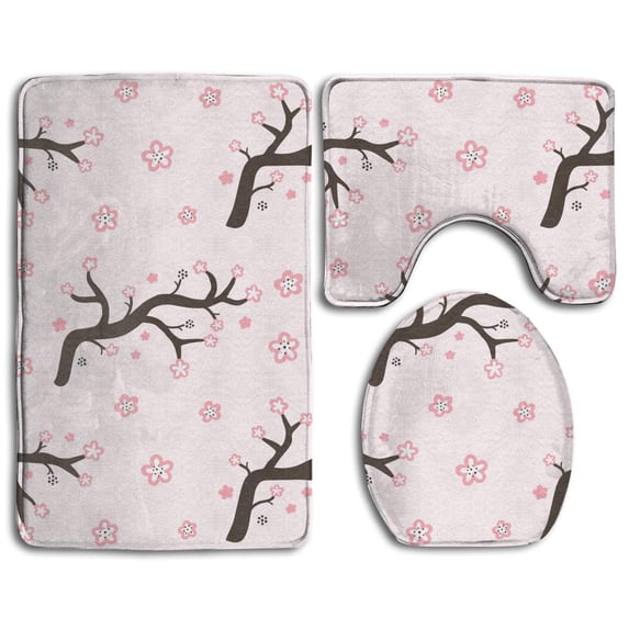 PUDMAD Pink Cherry Blossom 3 Piece Bathroom Rugs Set Bath Rug Contour Mat and Toilet Lid Cover