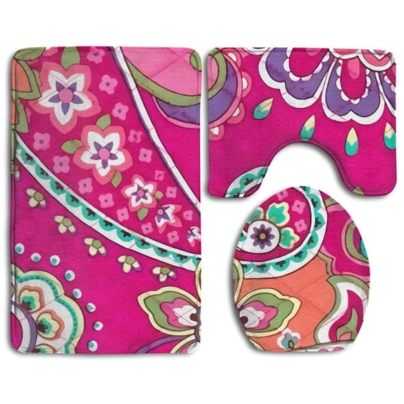 PUDMAD Pink Floral Art 3 Piece Bathroom Rugs Set Bath Rug Contour Mat and Toilet Lid Cover