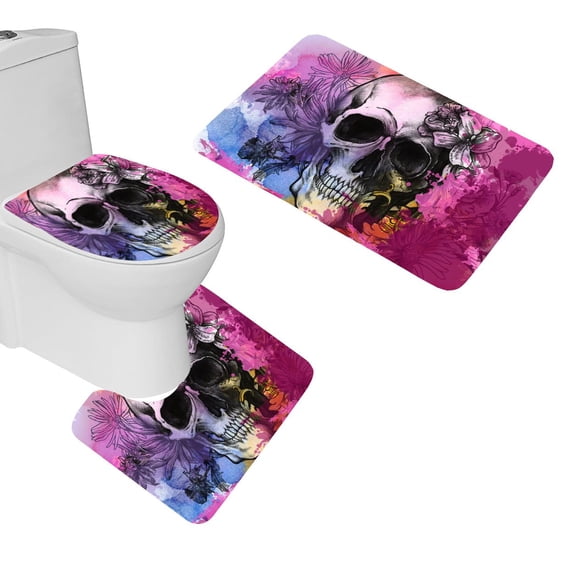 PUDMAD Pink Floral Skull 3 Piece Bathroom Rugs Set Bath Rug Contour Mat and Toilet Lid Cover