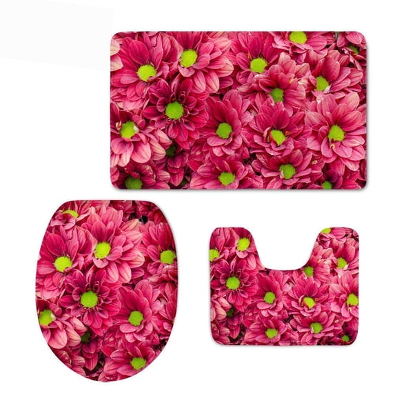 PUDMAD Pink Flower 3 Piece Bathroom Rugs Set Bath Rug Contour Mat and Toilet Lid Cover