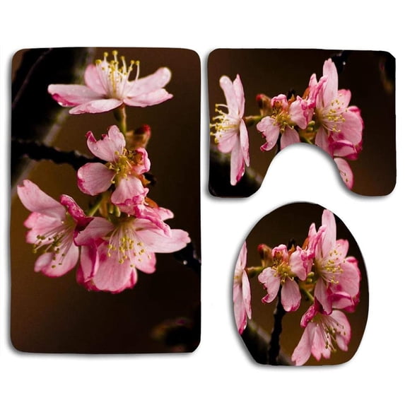 PUDMAD Pink Flowers 3 Piece Bathroom Rugs Set Bath Rug Contour Mat and Toilet Lid Cover