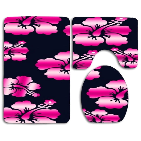 PUDMAD Pink Hibiscus 3 Piece Bathroom Rugs Set Bath Rug Contour Mat and Toilet Lid Cover