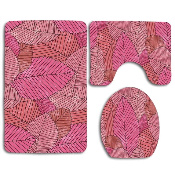 PUDMAD Pink Leaves Lovely 3 Piece Bathroom Rugs Set Bath Rug Contour Mat and Toilet Lid Cover