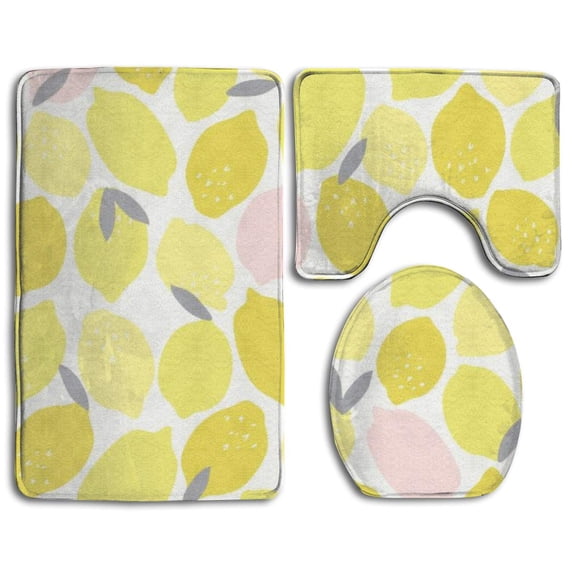 PUDMAD Pink Lemon 3 Piece Bathroom Rugs Set Bath Rug Contour Mat and Toilet Lid Cover
