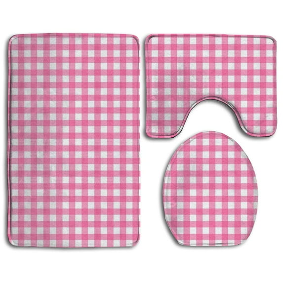 PUDMAD Pink Plaid 3 Piece Bathroom Rugs Set Bath Rug Contour Mat and Toilet Lid Cover