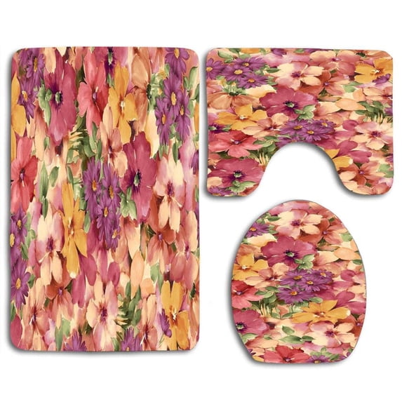 PUDMAD Pink Purple Penoy Flowers 3 Piece Bathroom Rugs Set Bath Rug Contour Mat and Toilet Lid Cover