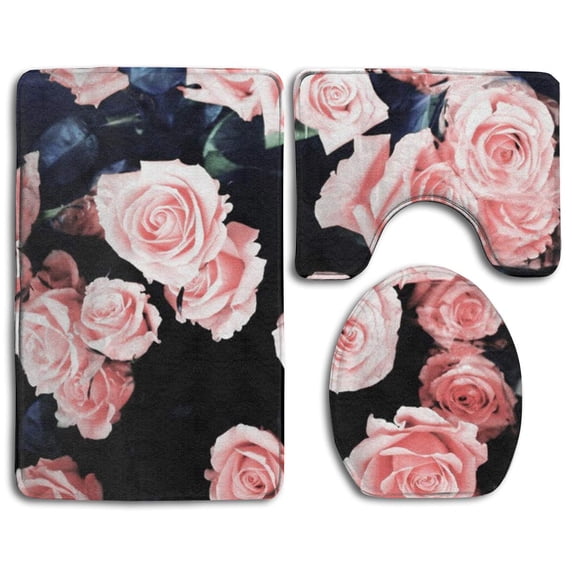 PUDMAD Pink Rose 3 Piece Bathroom Rugs Set Bath Rug Contour Mat and Toilet Lid Cover