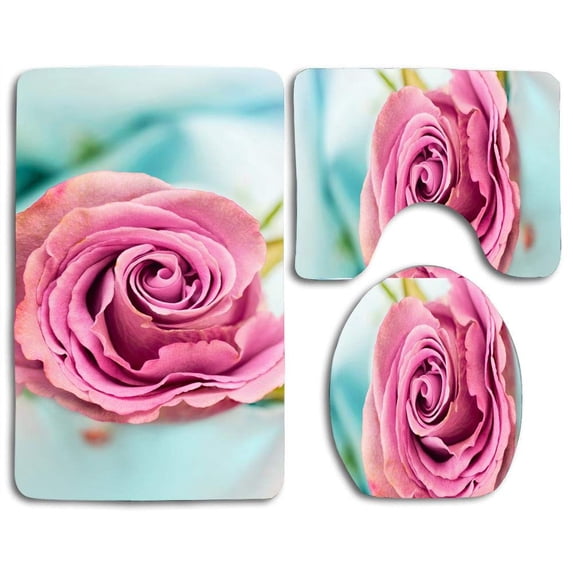 PUDMAD Pink Rose Macro 3 Piece Bathroom Rugs Set Bath Rug Contour Mat and Toilet Lid Cover